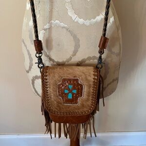 Brown and Tan Leather Fringe Crossbody Bag
